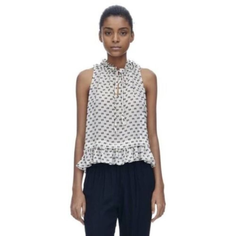 REBECCA TAYLOR Womens Blouse White Box Clip Dot Silk Ruffle Top Size 0